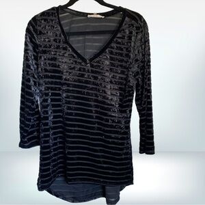 Liquid by Sioni Black Crushed Velvet and Sheer Stripe Blouse, size M